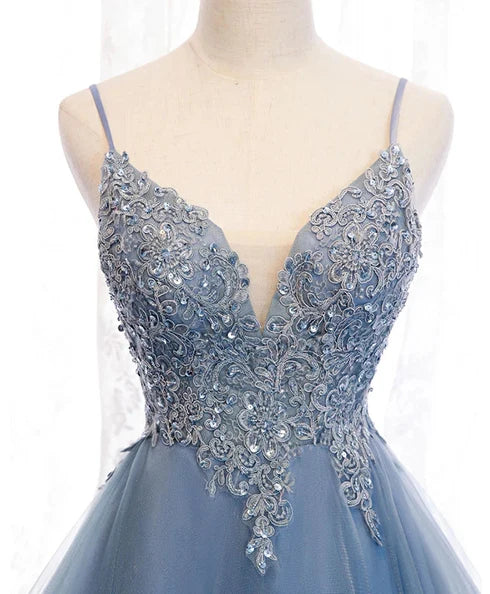 Blue Tulle Spaghetti V-neckline Lace Applique High Low Party Dress Homecoming Dress