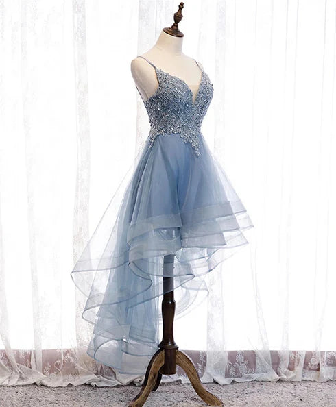 Blue Tulle Spaghetti V-neckline Lace Applique High Low Party Dress Homecoming Dress