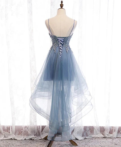 Blue Tulle Spaghetti V-neckline Lace Applique High Low Party Dress Homecoming Dress