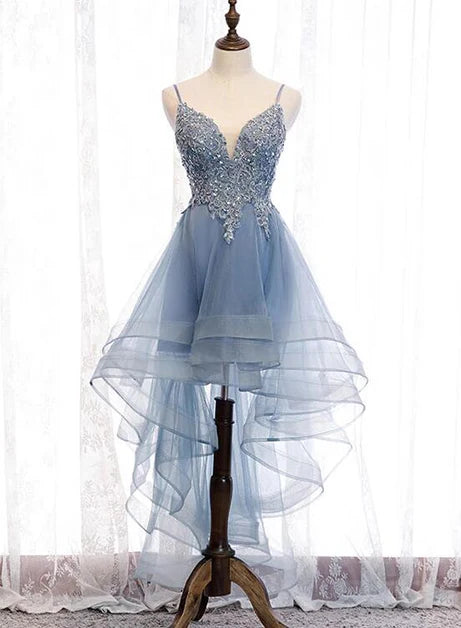 Blue Tulle Spaghetti V-neckline Lace Applique High Low Party Dress Homecoming Dress