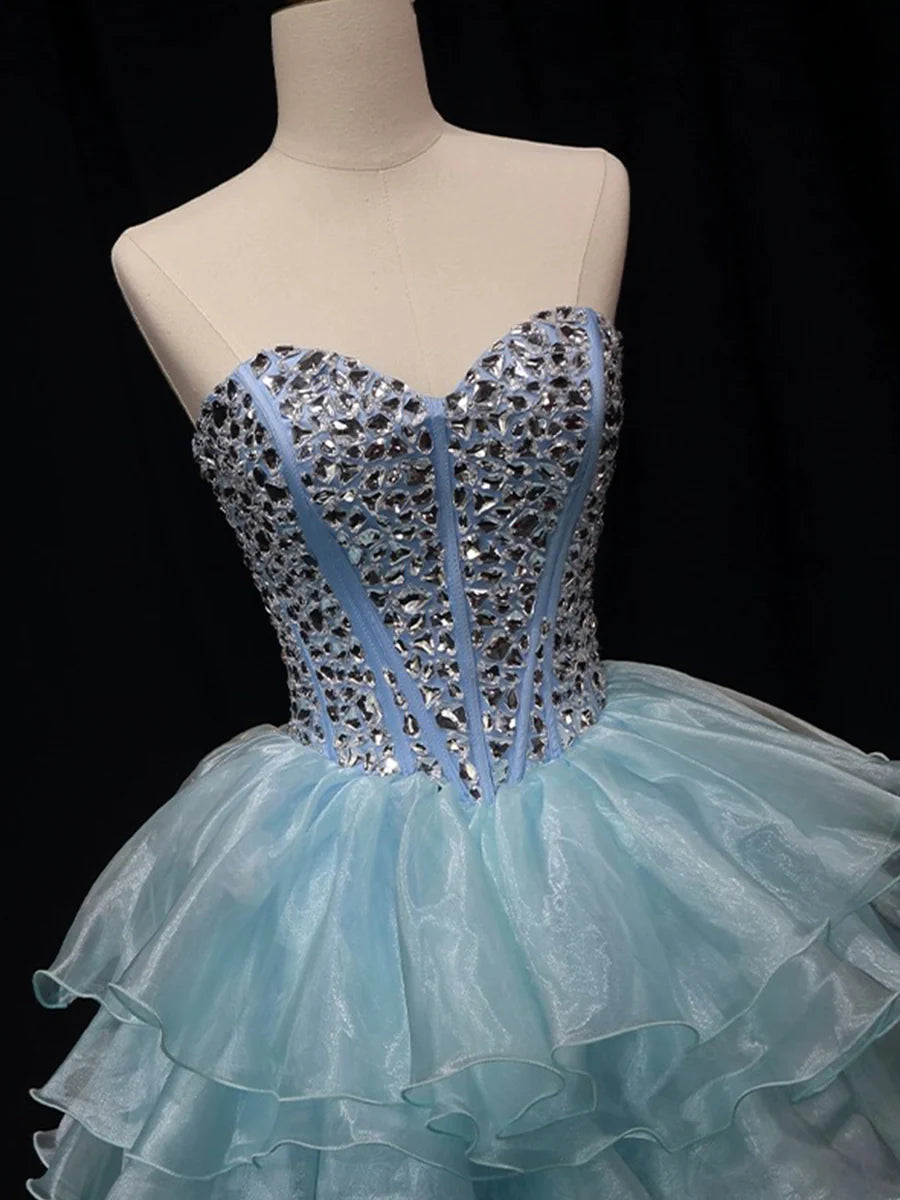 Blue Tulle Tiered Sweetheart Collar Crystal Short Party Dress A-Line Strapless Homecoming Dress