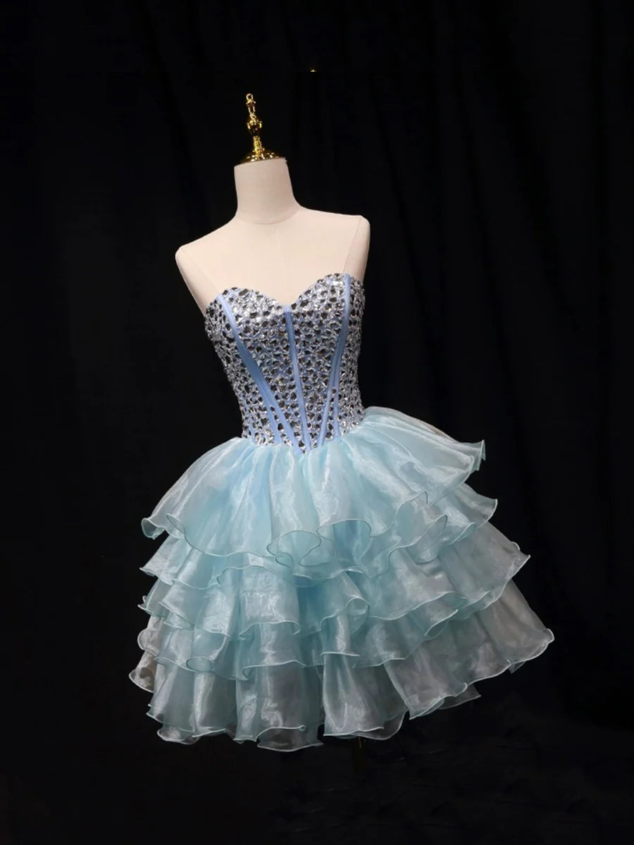 Blue Tulle Tiered Sweetheart Collar Crystal Short Party Dress A-Line Strapless Homecoming Dress