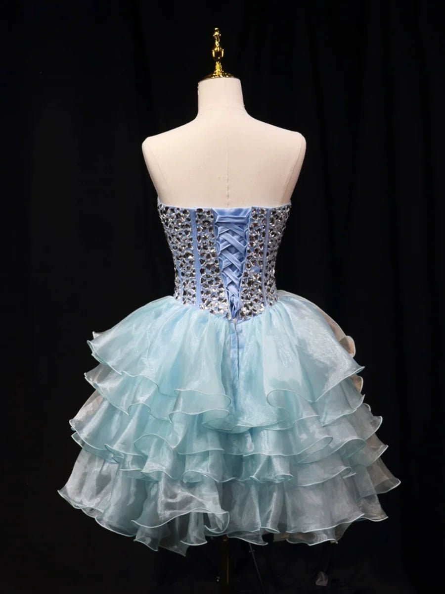 Blue Tulle Tiered Sweetheart Collar Crystal Short Party Dress A-Line Strapless Homecoming Dress