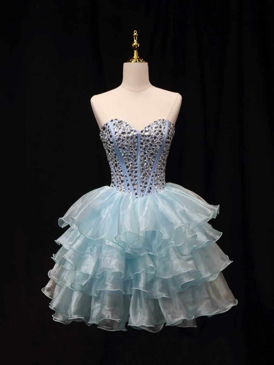 Blue Tulle Tiered Sweetheart Collar Crystal Short Party Dress A-Line Strapless Homecoming Dress