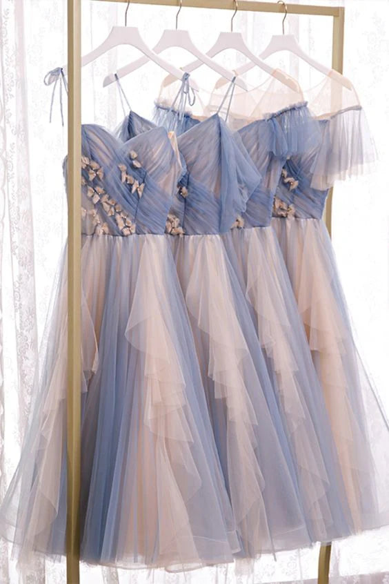 Blue Tulle V Neck Spaghetti Straps Tea length Bridesmaid Dresses Prom Dress With Applique