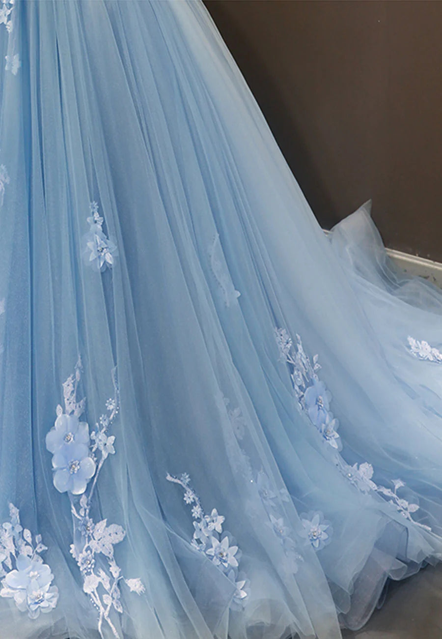 Blue Tulle With Applique Off Shoulder A-Line Long Evening Dress Wedding Dress