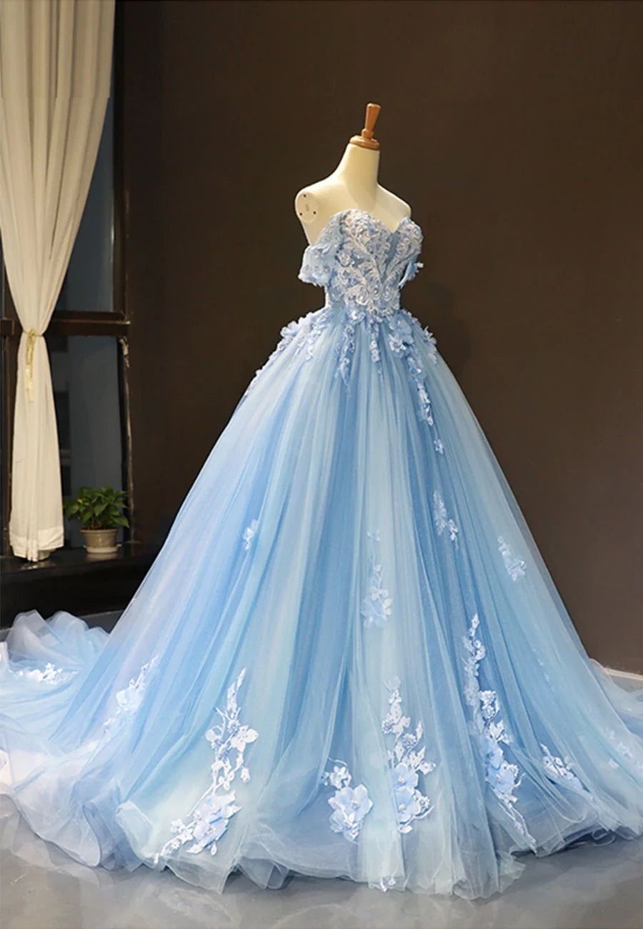 Blue Tulle With Applique Off Shoulder A-Line Long Evening Dress Wedding Dress