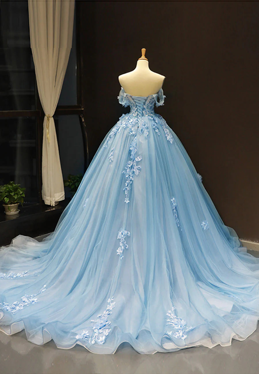Blue Tulle With Applique Off Shoulder A-Line Long Evening Dress Wedding Dress