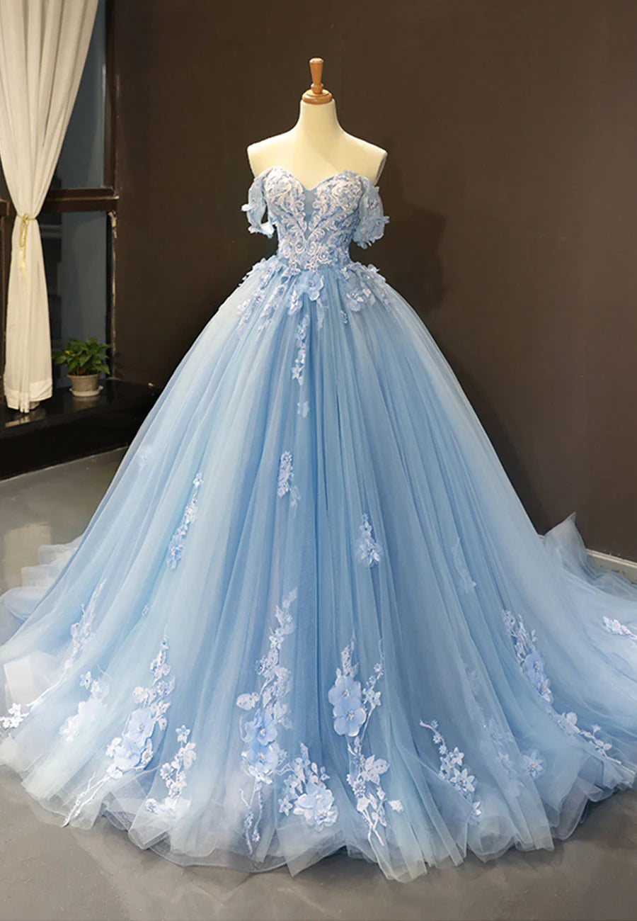 Blue Tulle With Applique Off Shoulder A-Line Long Evening Dress Wedding Dress