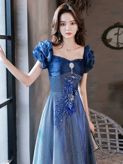 Blue Tulle With Applique Short Sleeves A-line Party Dress Prom Dress Evening Dress
