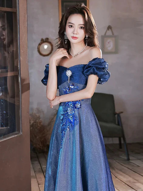 Blue Tulle With Applique Short Sleeves A-line Party Dress Prom Dress Evening Dress