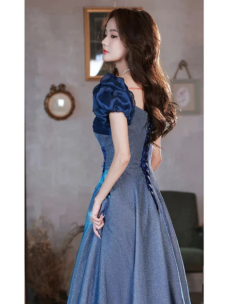 Blue Tulle With Applique Short Sleeves A-line Party Dress Prom Dress Evening Dress