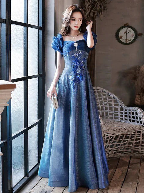 Blue Tulle With Applique Short Sleeves A-line Party Dress Prom Dress Evening Dress