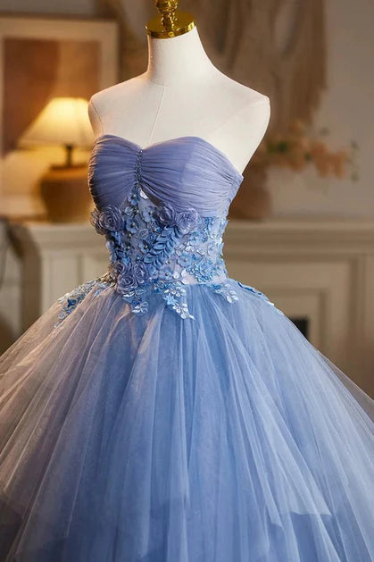 Blue Tulle With Applique Strapless Long Prom Dress