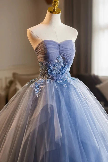 Blue Tulle With Applique Strapless Long Prom Dress