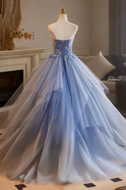 Blue Tulle With Applique Strapless Long Prom Dress