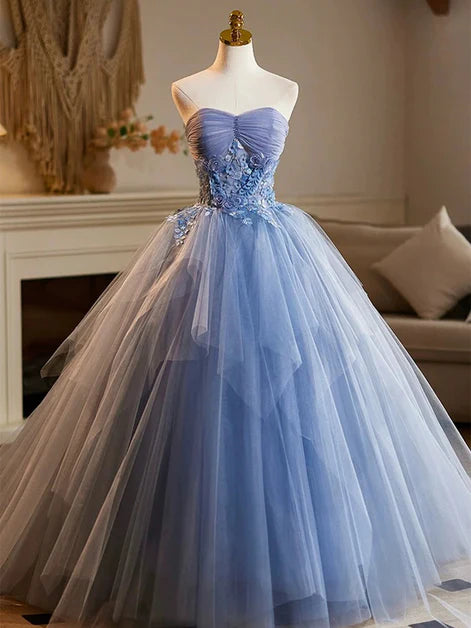 Blue Tulle With Applique Strapless Long Prom Dress