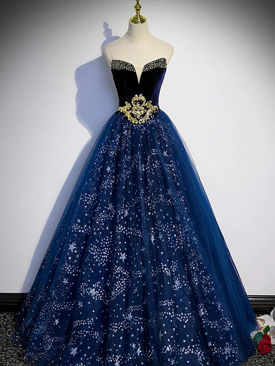 Blue Tulle With Beaded Off the Shoulder Floor Length Prom Dress Evening Party Dress