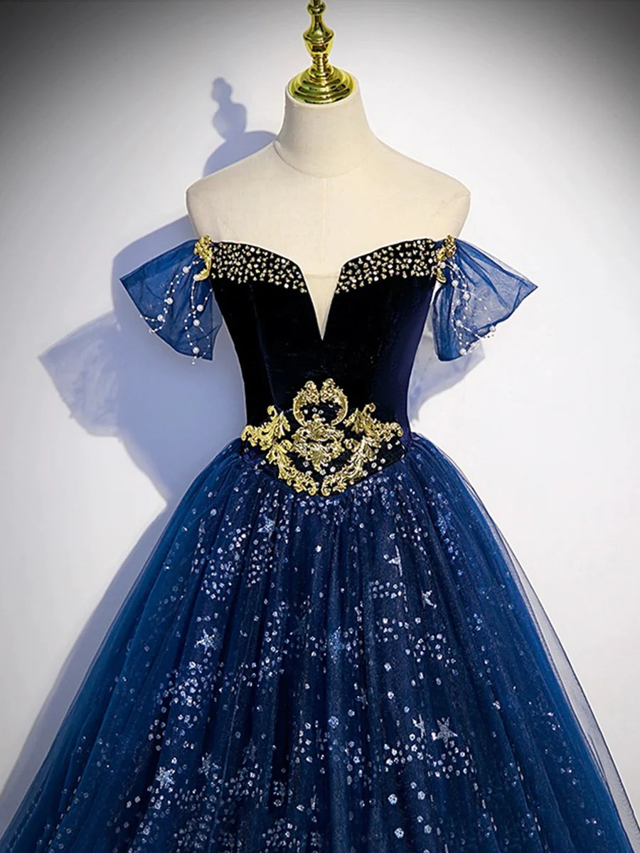 Blue Tulle With Beaded Off the Shoulder Floor Length Prom Dress Evening Party Dress