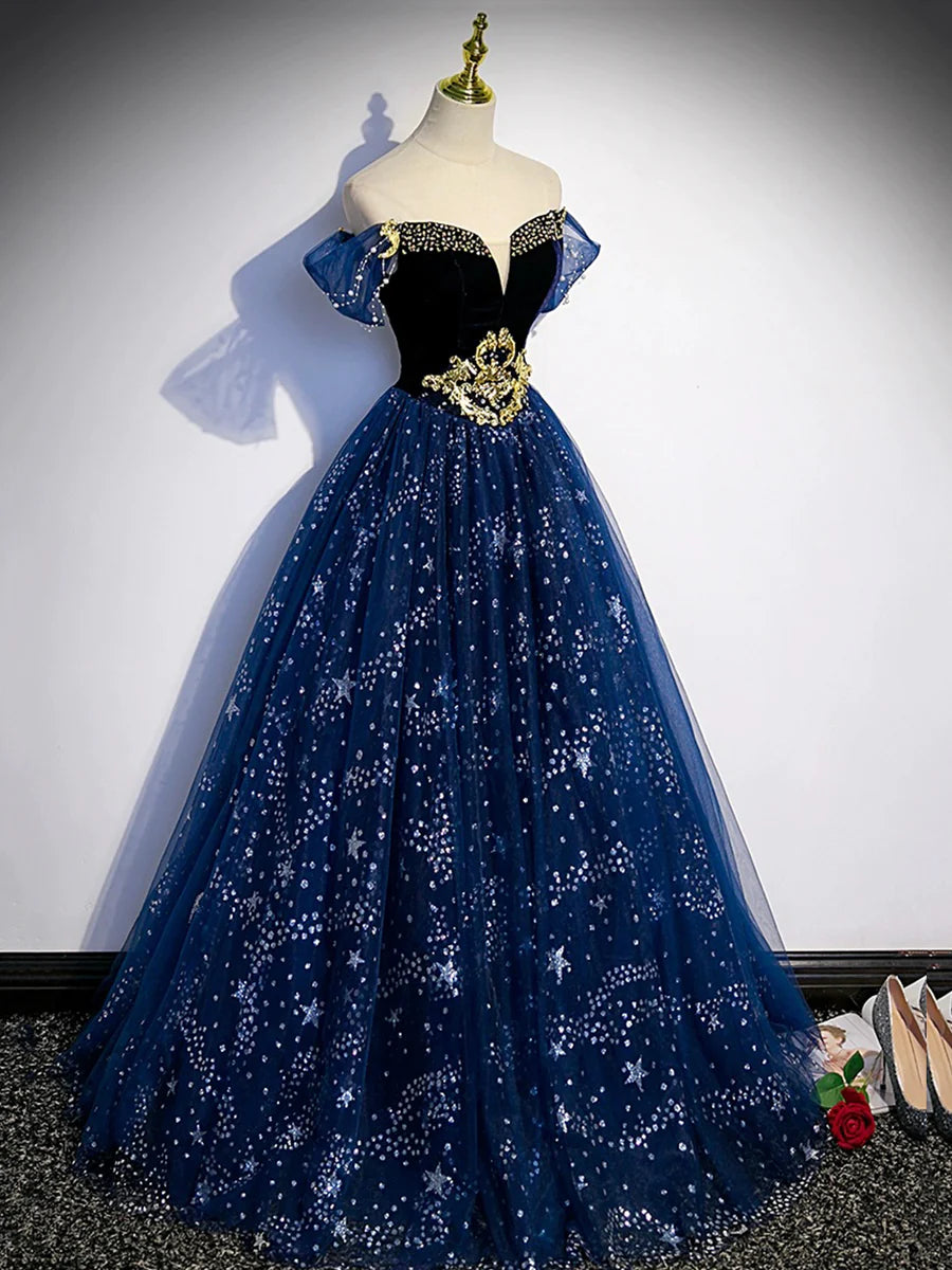 Blue Tulle With Beaded Off the Shoulder Floor Length Prom Dress Evening Party Dress