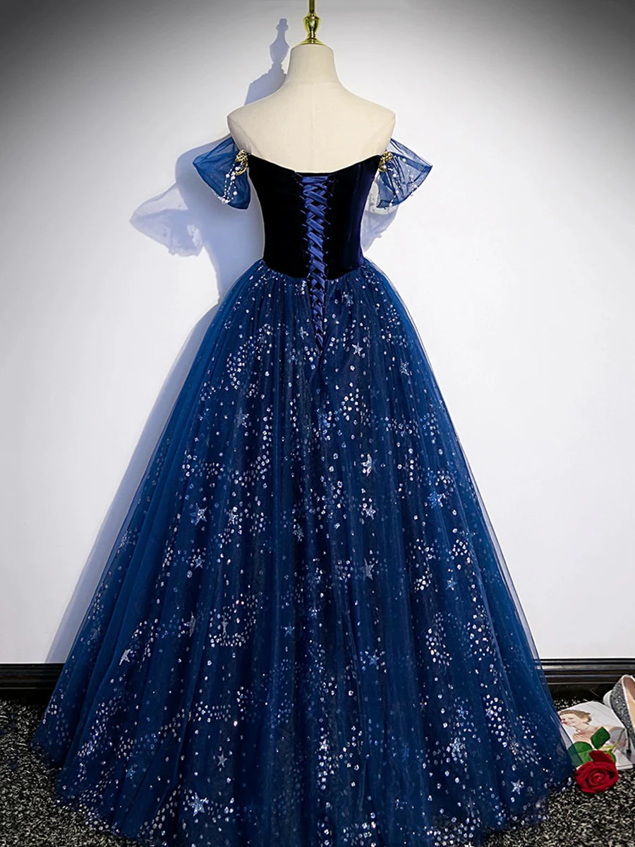 Blue Tulle With Beaded Off the Shoulder Floor Length Prom Dress Evening Party Dress