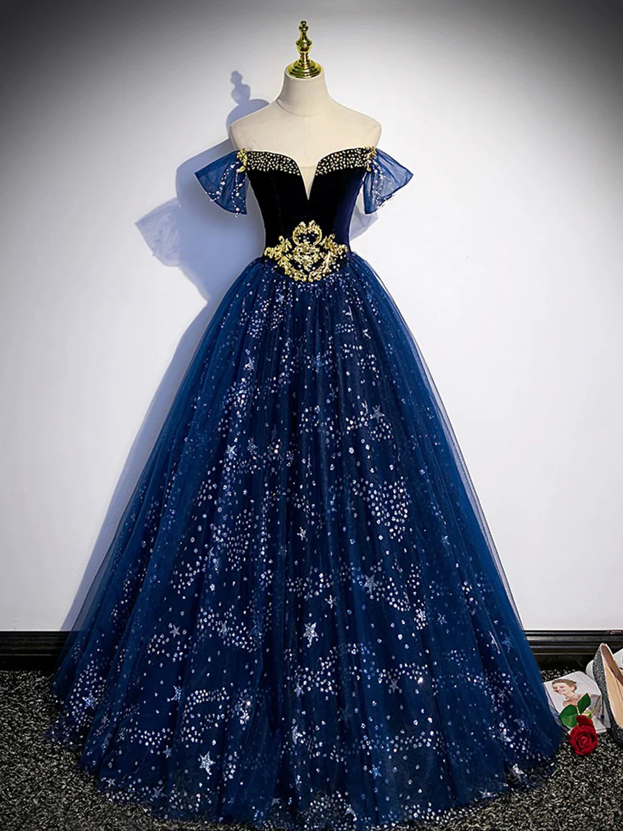 Blue Tulle With Beaded Off the Shoulder Floor Length Prom Dress Evening Party Dress