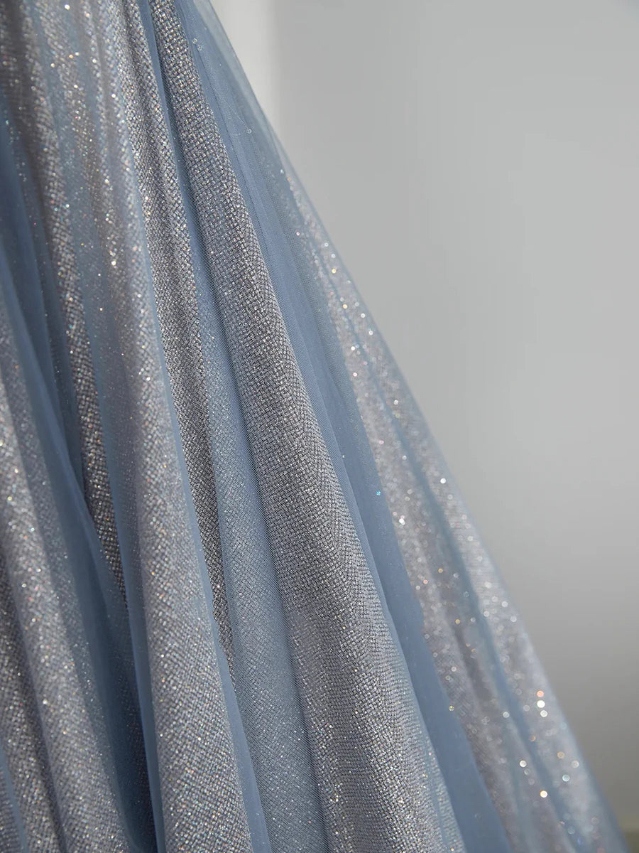 Blue Tulle With Beaded Spaghetti Straps A-Line Long Prom Dress Evening Party Dress