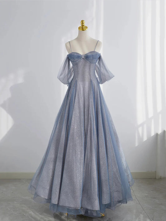Blue Tulle With Beaded Spaghetti Straps A-Line Long Prom Dress Evening Party Dress