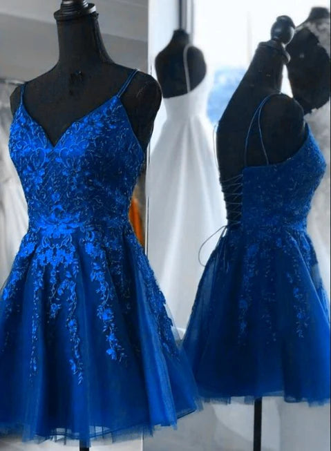 Blue Tulle with Lace V-neckline Spaghetti Straps Short Homecoming Dress Prom Dresses