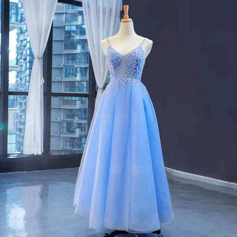 Blue V-neckline Tulle Beaded Spaghetti Straps Long Dress Formal Dress Prom Dress
