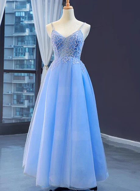 Blue V-neckline Tulle Beaded Spaghetti Straps Long Dress Formal Dress Prom Dress