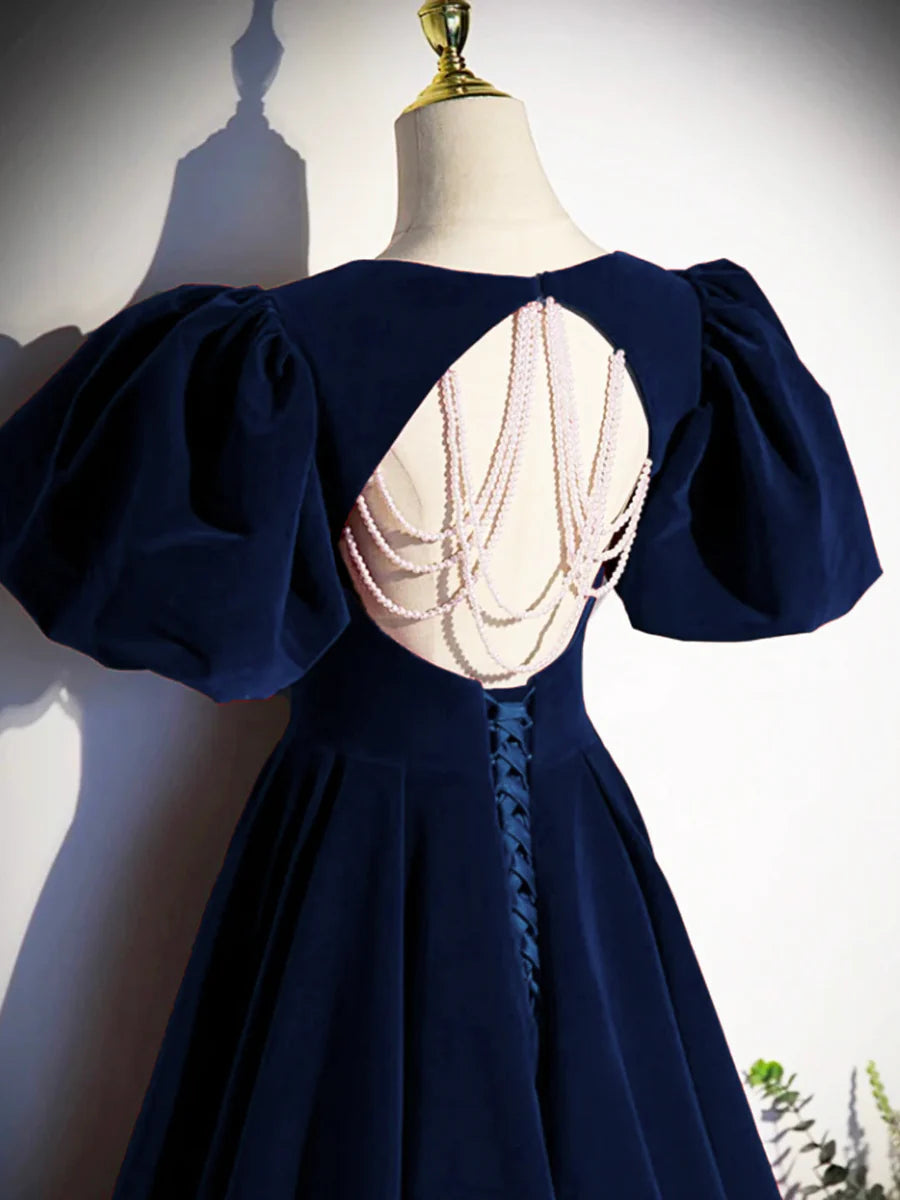 Blue Velvet Short Sleeves Floor Length Prom Dress Beautiful Open Back Evening Dress With Pearls