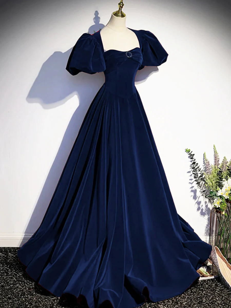 Blue Velvet Short Sleeves Floor Length Prom Dress Beautiful Open Back Evening Dress With Pearls