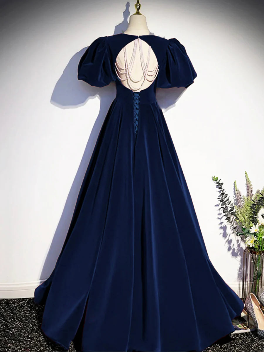 Blue Velvet Short Sleeves Floor Length Prom Dress Beautiful Open Back Evening Dress With Pearls