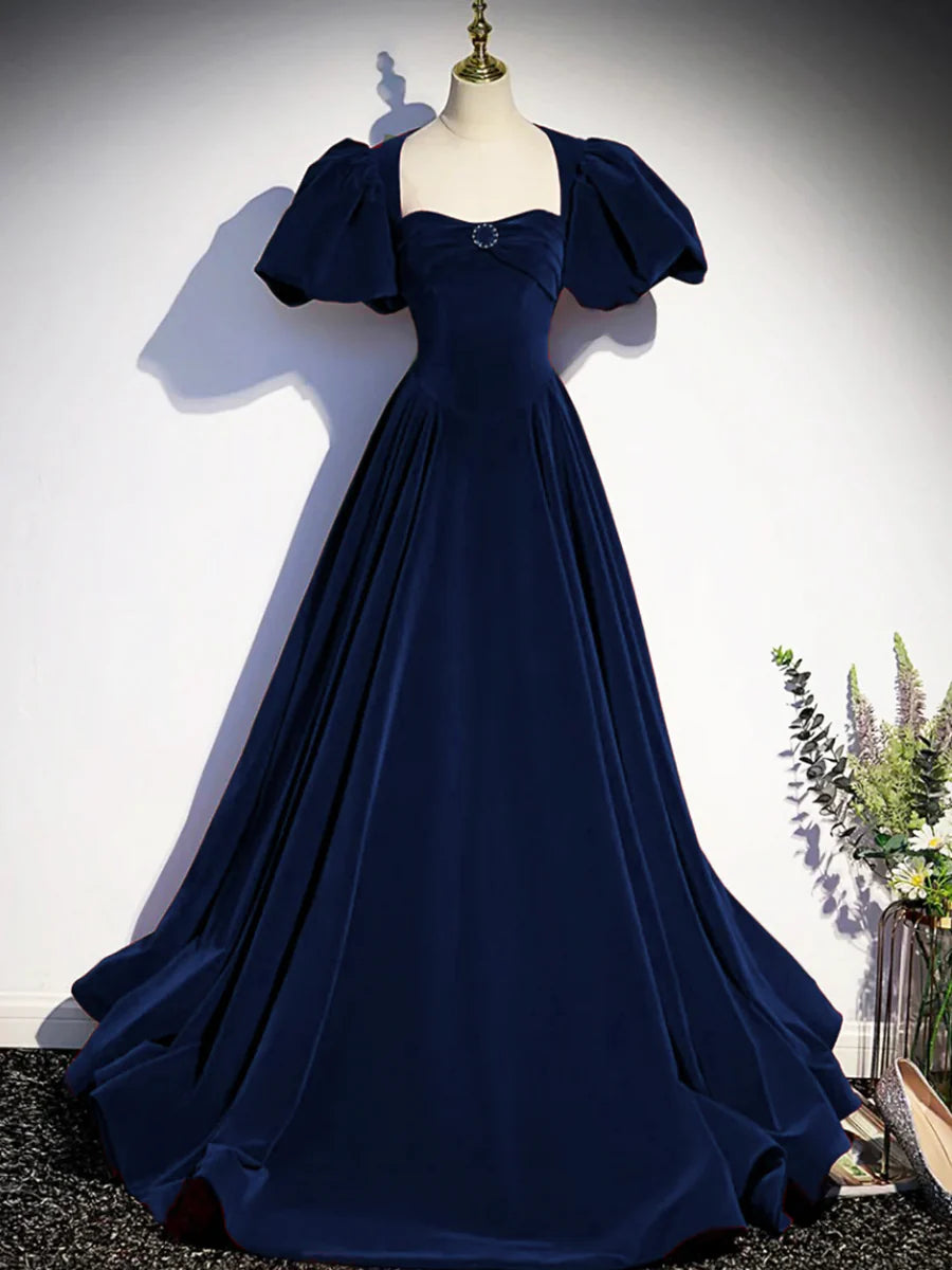 Blue Velvet Short Sleeves Floor Length Prom Dress Beautiful Open Back Evening Dress With Pearls