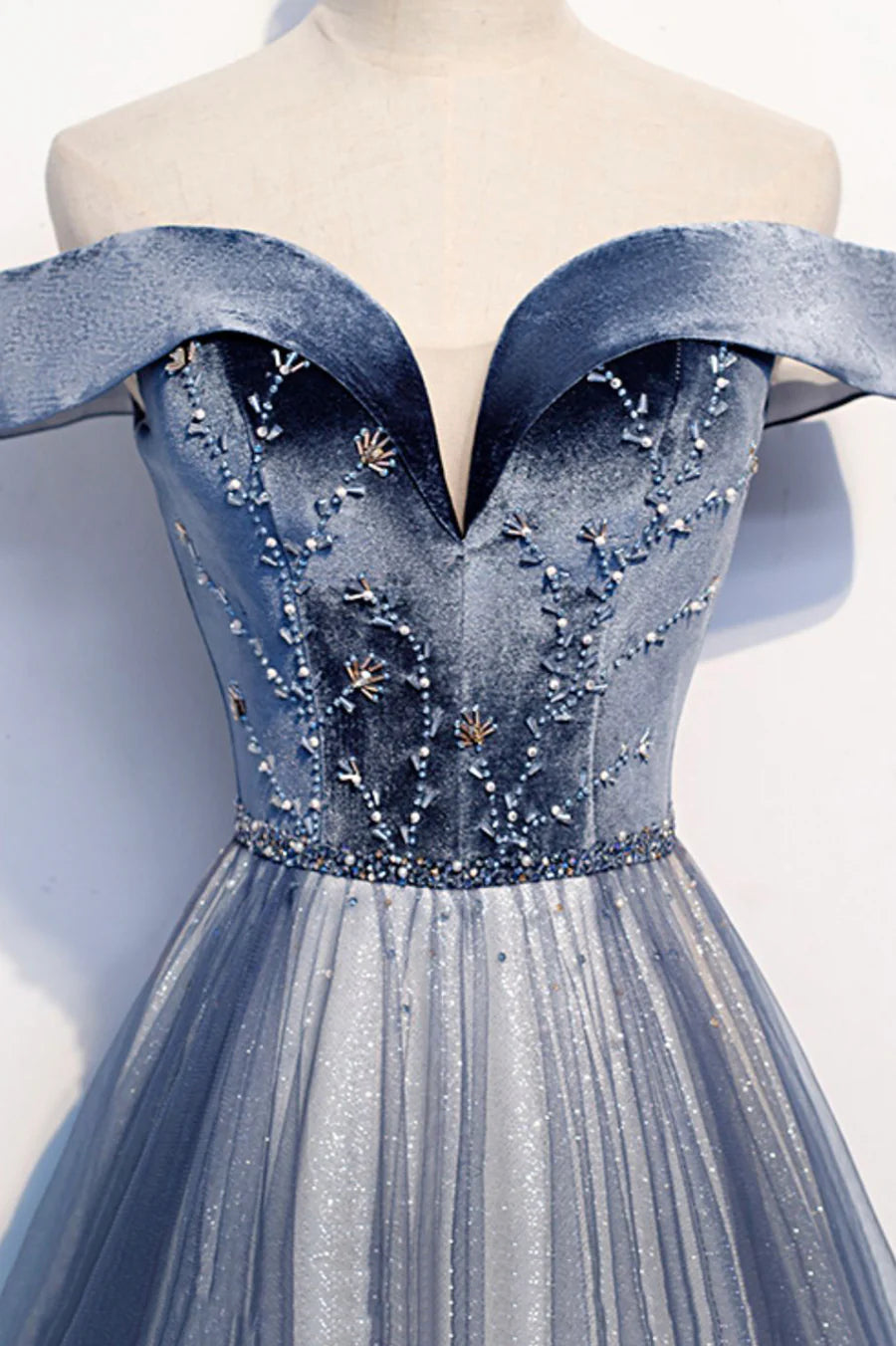 Blue Velvet Tulle With Beaded V Neck Long Prom Dresses Off the Shoulder Evening Dresses
