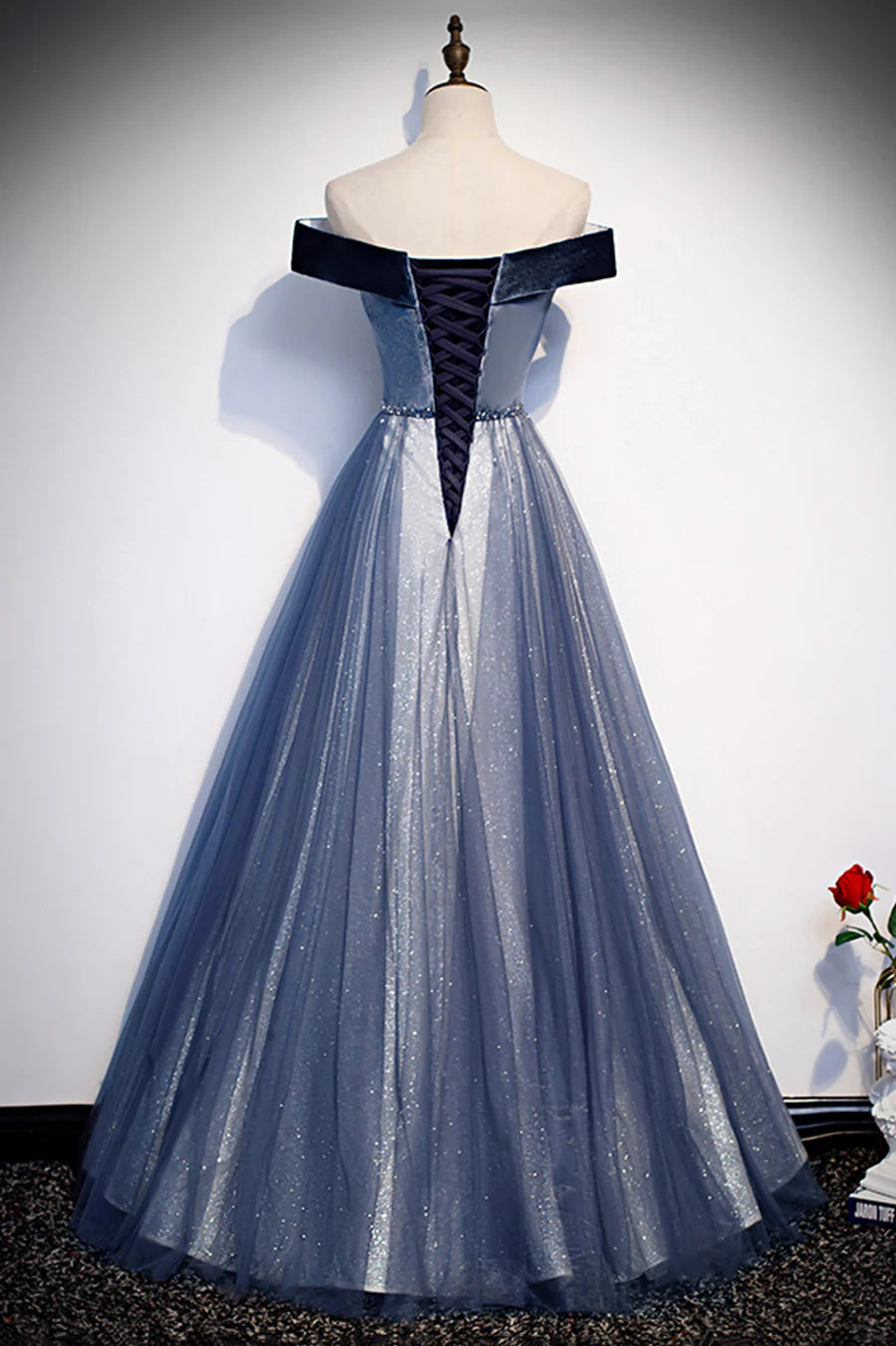 Blue Velvet Tulle With Beaded V Neck Long Prom Dresses Off the Shoulder Evening Dresses