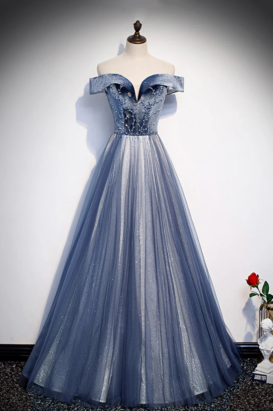 Blue Velvet Tulle With Beaded V Neck Long Prom Dresses Off the Shoulder Evening Dresses