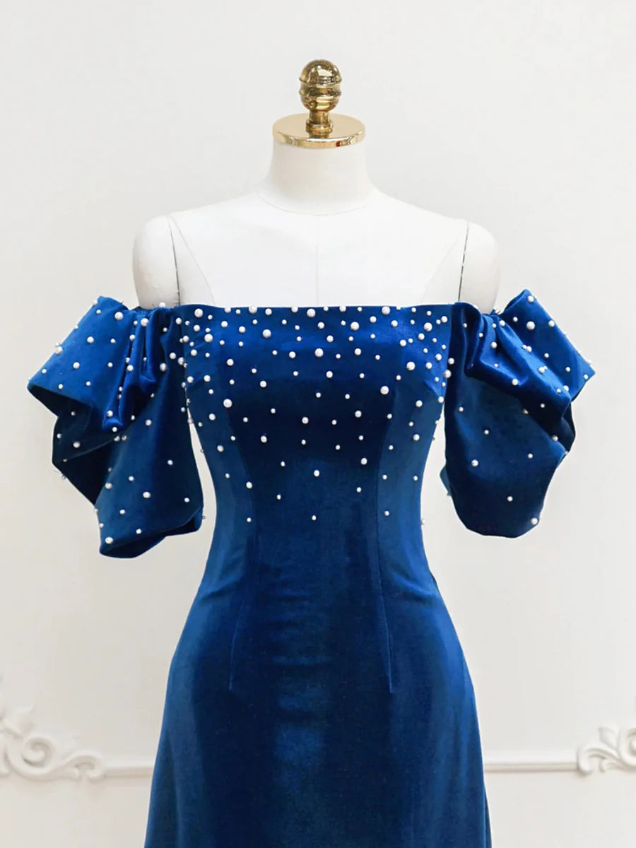 Blue Velvet With Pearls A-Line Short Off the Shoulder Evening Party Dress Homecoming Dress