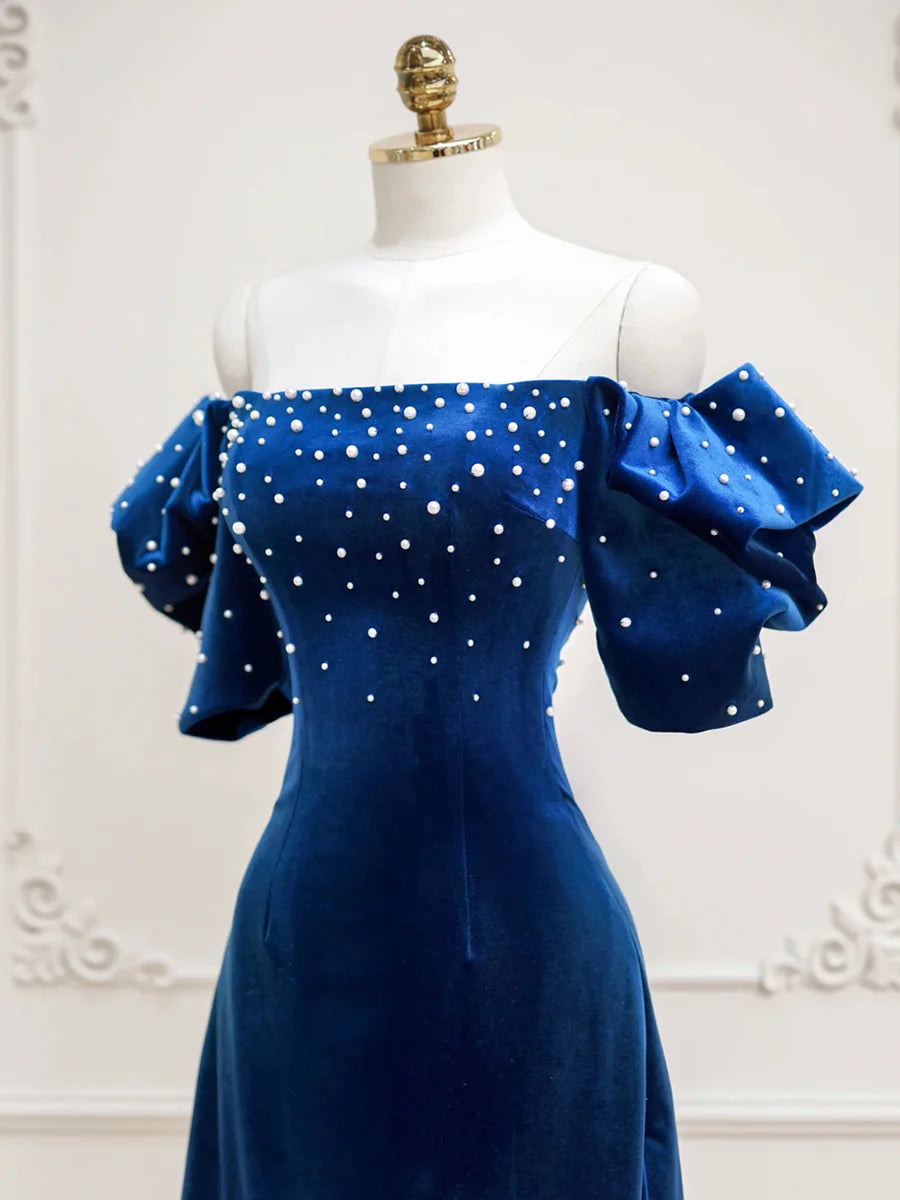 Blue Velvet With Pearls A-Line Short Off the Shoulder Evening Party Dress Homecoming Dress