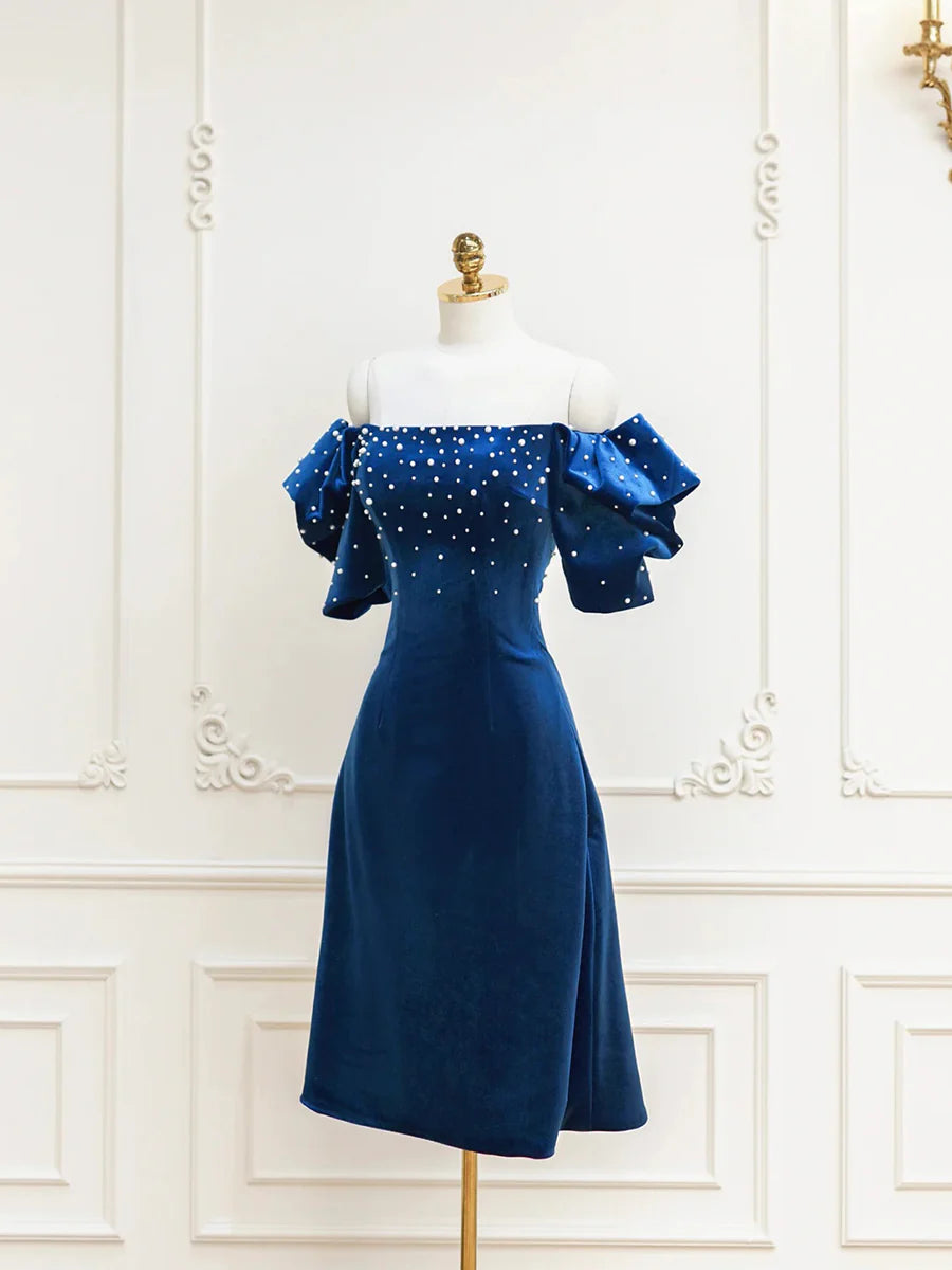 Blue Velvet With Pearls A-Line Short Off the Shoulder Evening Party Dress Homecoming Dress
