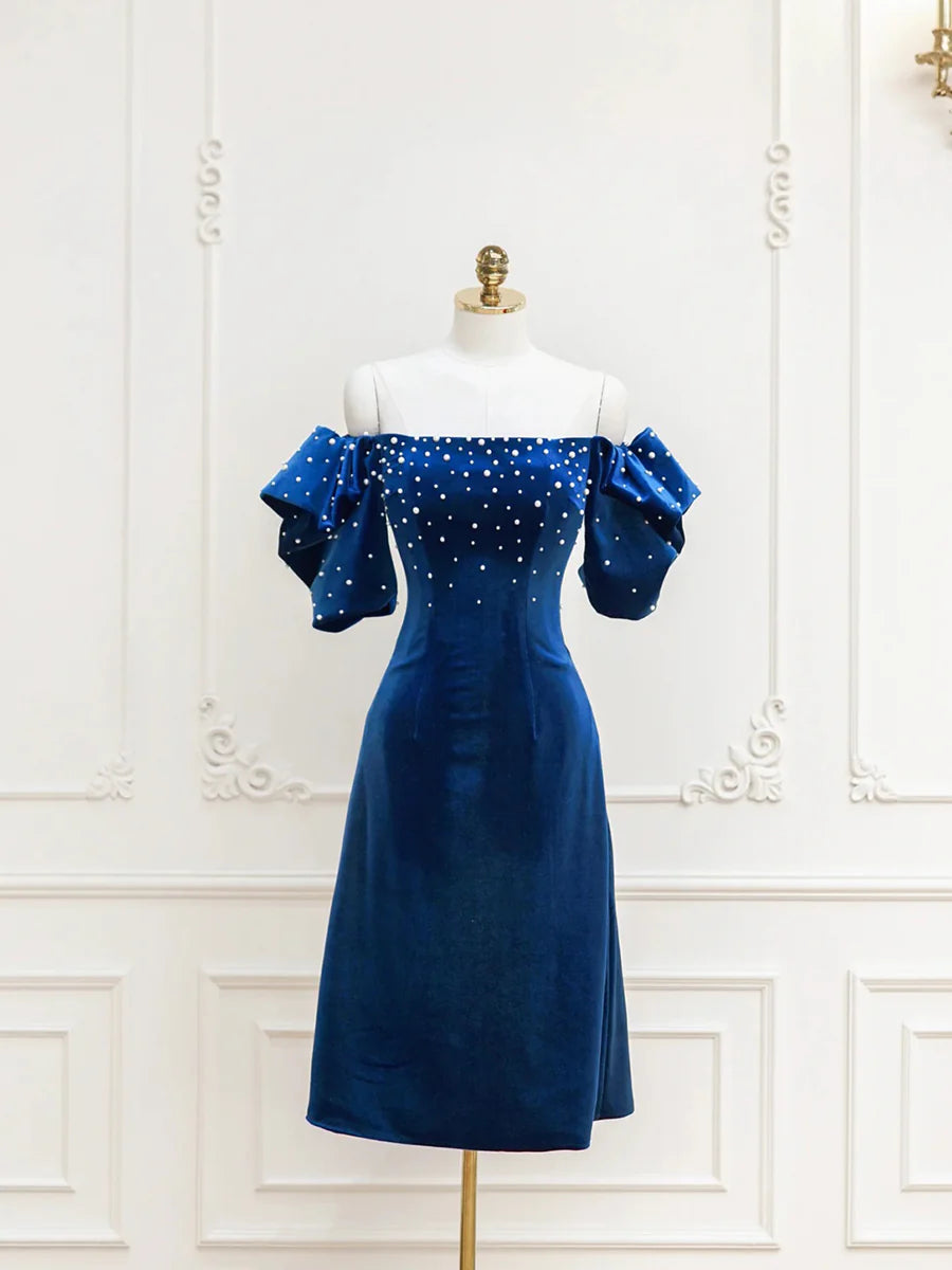 Blue Velvet With Pearls A-Line Short Off the Shoulder Evening Party Dress Homecoming Dress