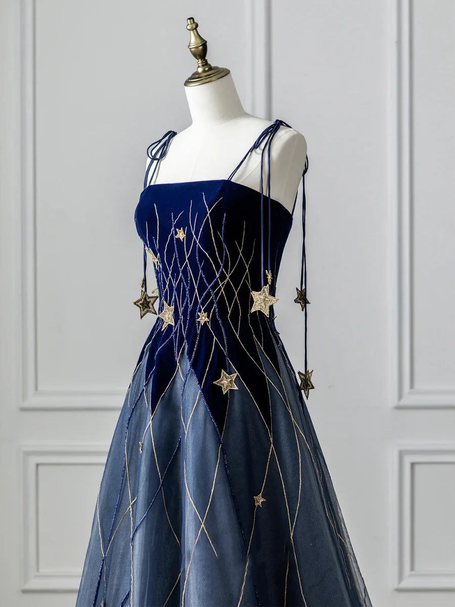 Blue Velvet with Star Spaghetti Strap Long Prom Dress Evening Dress Party Dress