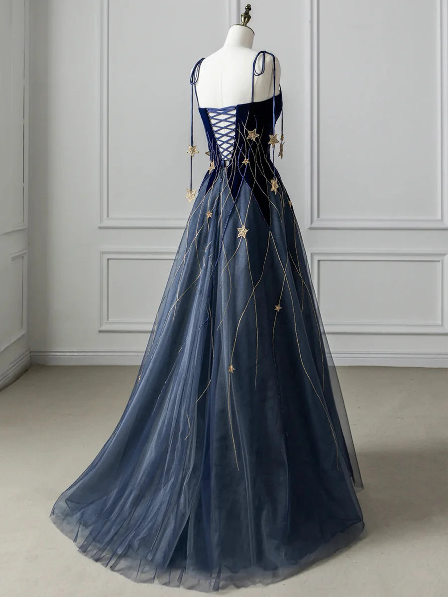 Blue Velvet with Star Spaghetti Strap Long Prom Dress Evening Dress Party Dress