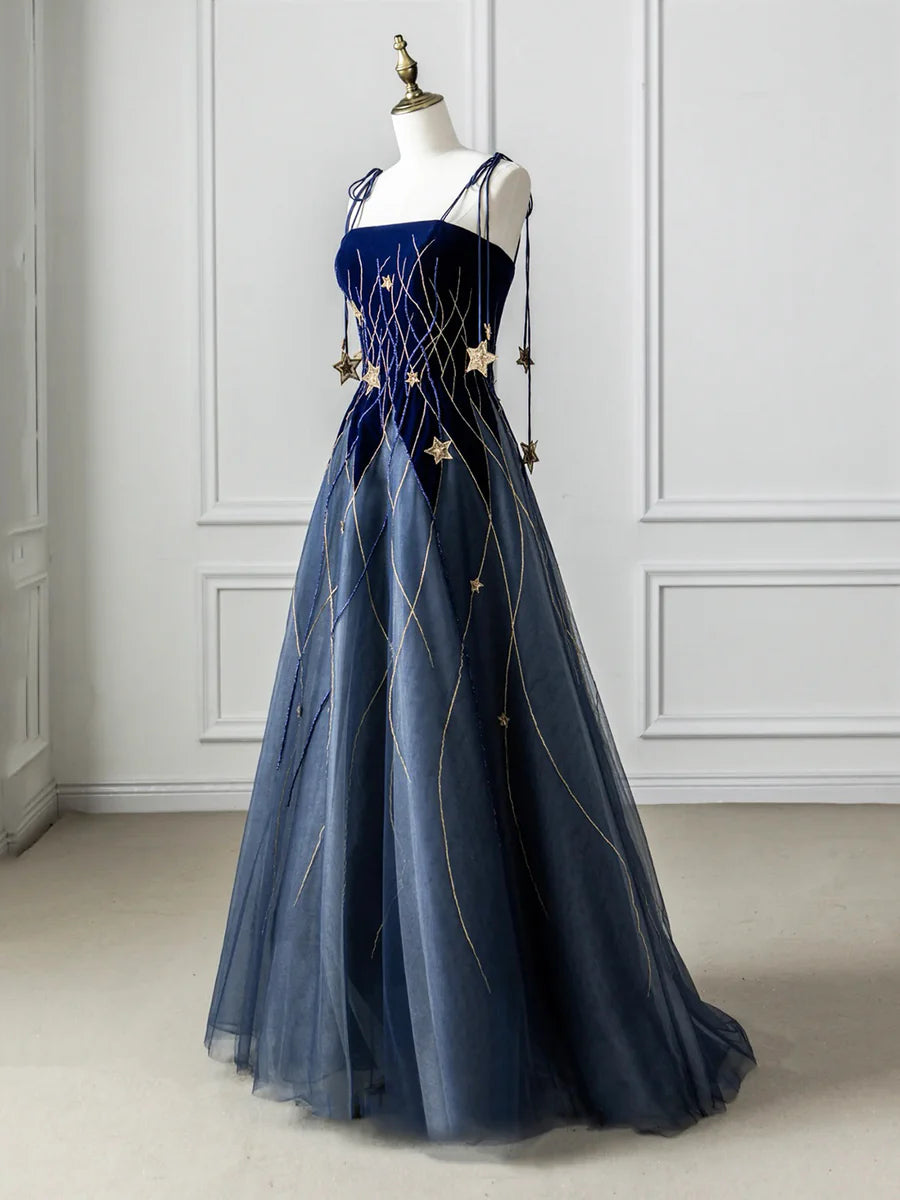 Blue Velvet with Star Spaghetti Strap Long Prom Dress Evening Dress Party Dress