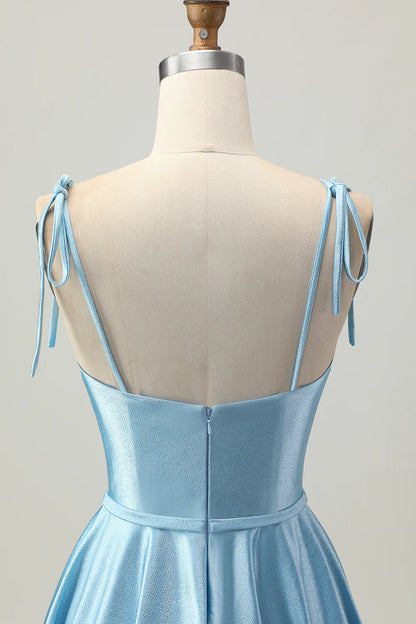 Blue Satin Sequins Sweetheart Collar A Line Short Spaghetti Straps Homecoming Dress Party Dress