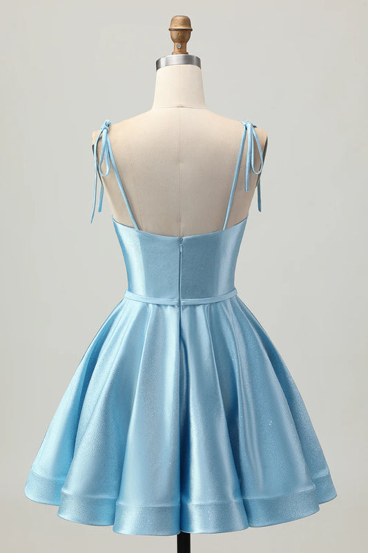 Blue Satin Sequins Sweetheart Collar A Line Short Spaghetti Straps Homecoming Dress Party Dress