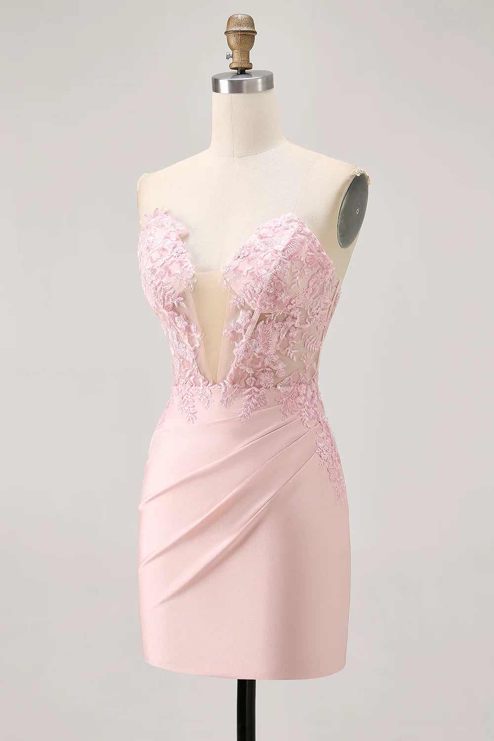 Blush Applique Deep V Neck Strapless Pleated Corset Bodycon Short Homecoming Dress