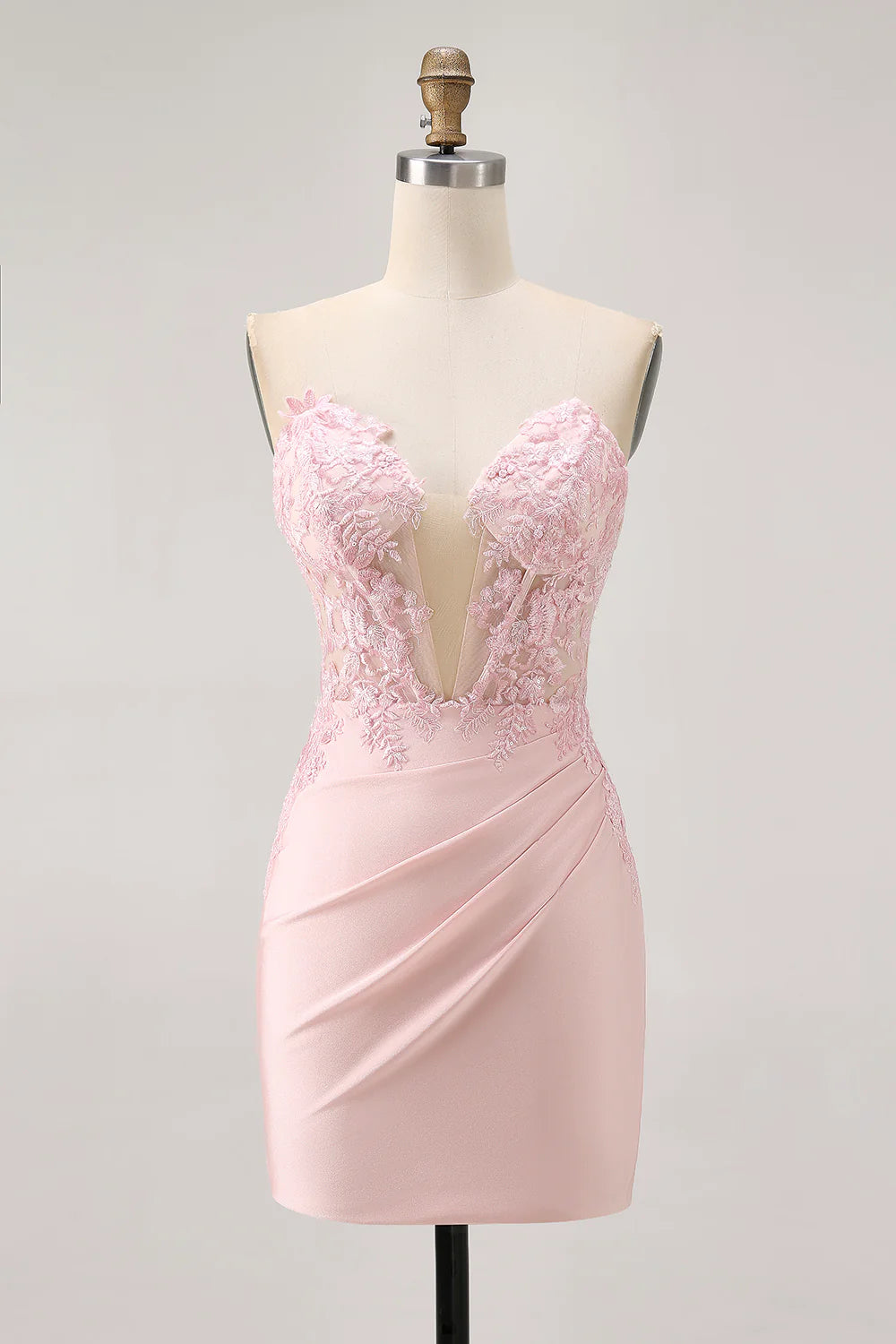 Blush Applique Deep V Neck Strapless Pleated Corset Bodycon Short Homecoming Dress