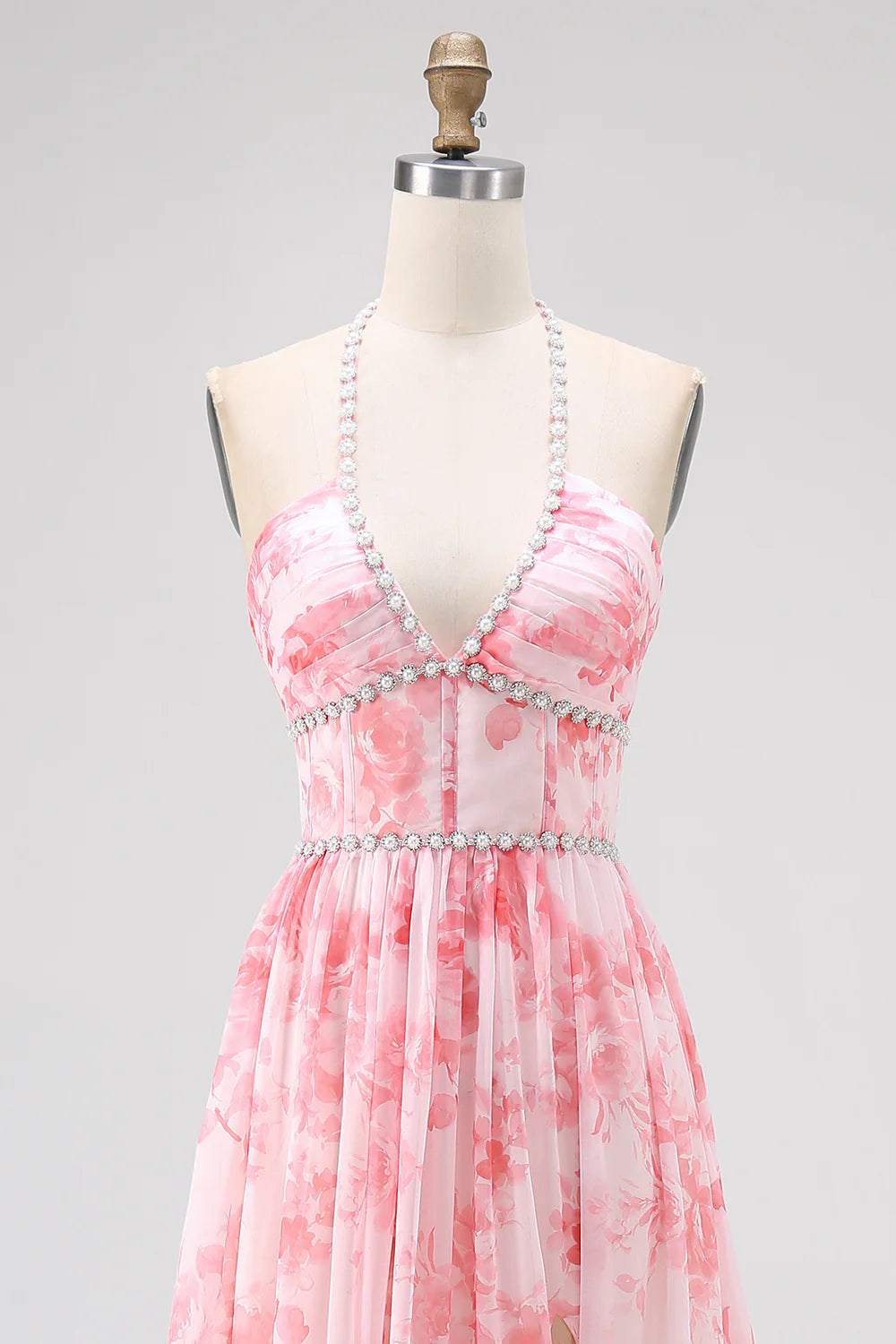 Blush Beaded Halter Printed Floral Slit Long Ruffles Wedding Guest Dress Printed Floral Party Dress
